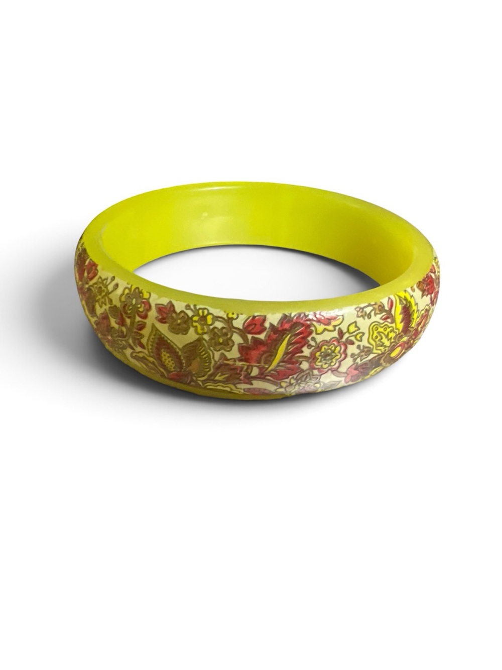Chunky Floral Paisley Bangle Bracelet Yellow Resin Plastic Boho Statement